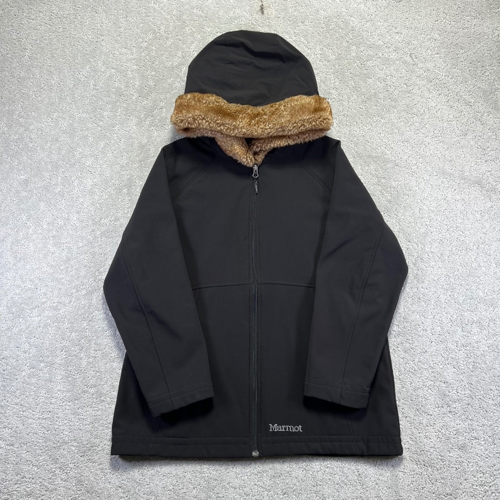 Marmot Jacket Womens XL Black Softshell Fleece Lined Faux Fur Hood ZipUp Outdoor
